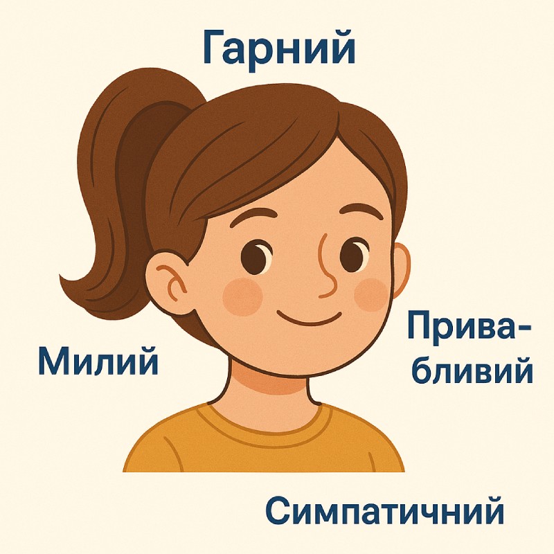 Малюнок усміхненої дівчинки з підписами прикметників-синонімів: гарний, милий, привабливий, симпатичний.